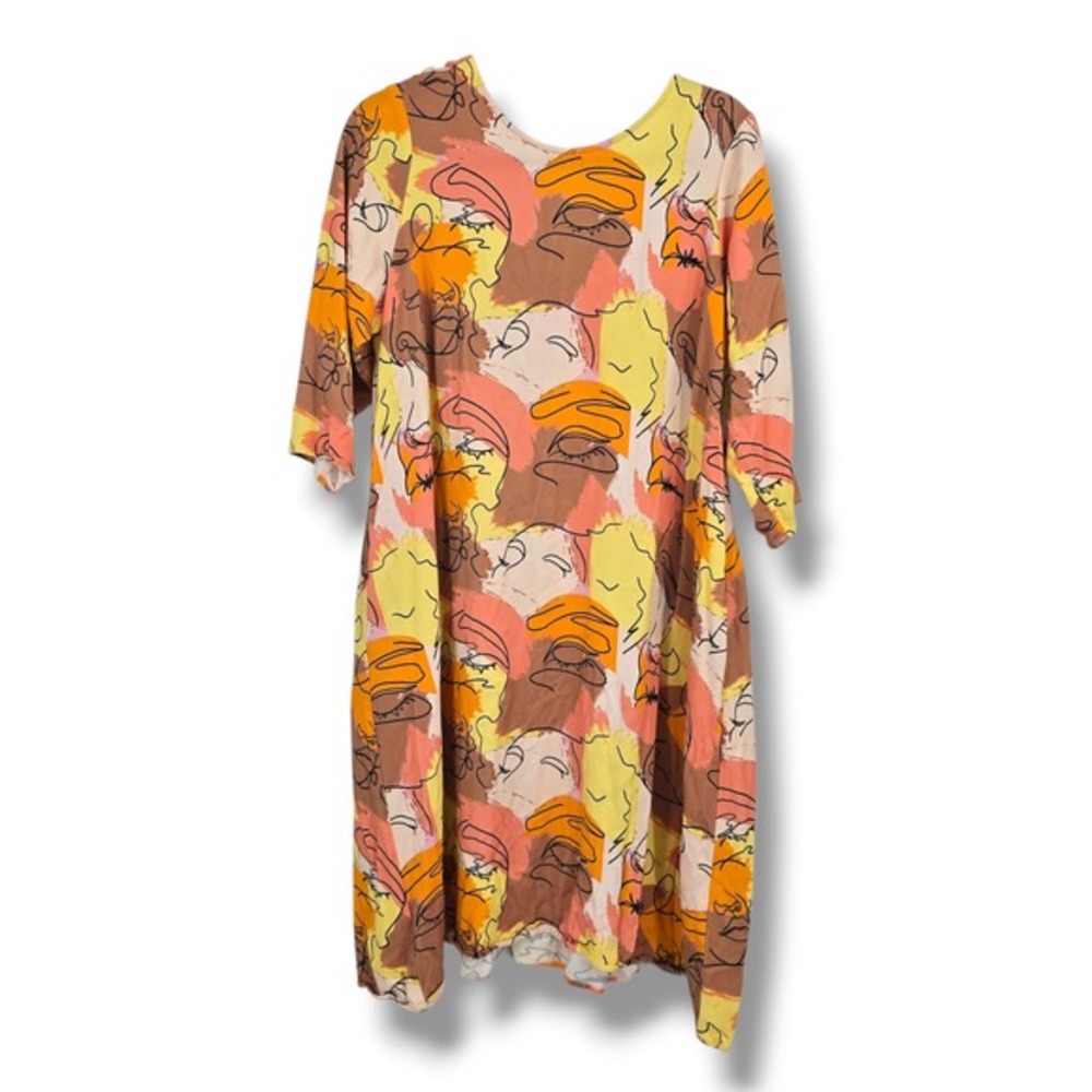 Sassy Jones Womens Abstract Face Print Shift Dress Orange Yellow Pink Medium